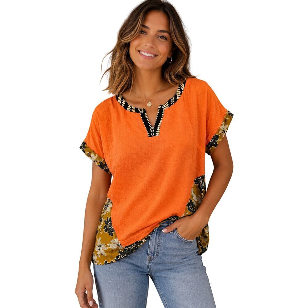 THML sz L lightweight mixed media orange floral back boho split neck career EUC